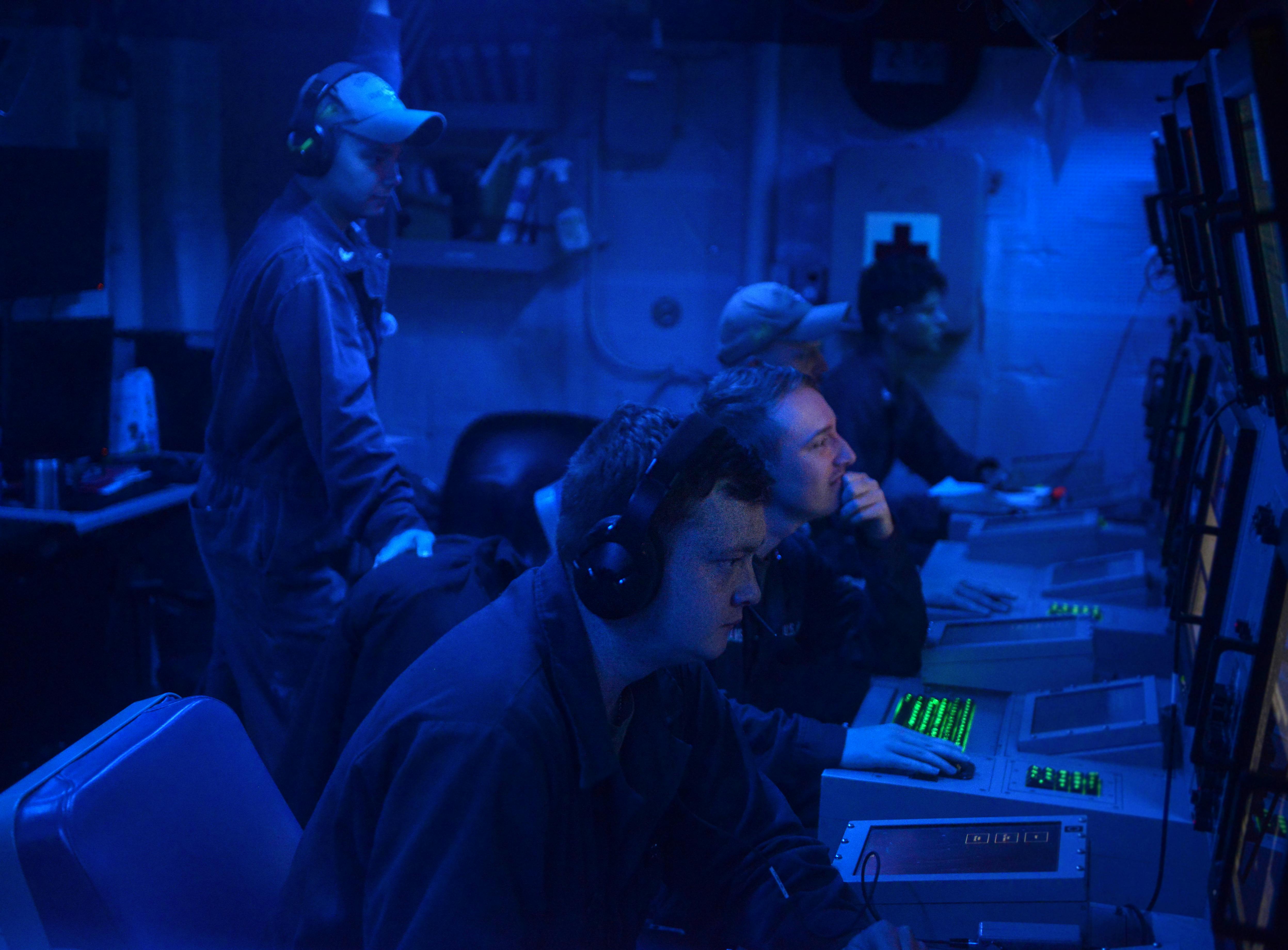 Sonar Technicians monitor the screens aboard the Arleigh Burke-class guided-missile destroyer USS Lassen (DDG 82) during UNITAS LXIII in 2022.