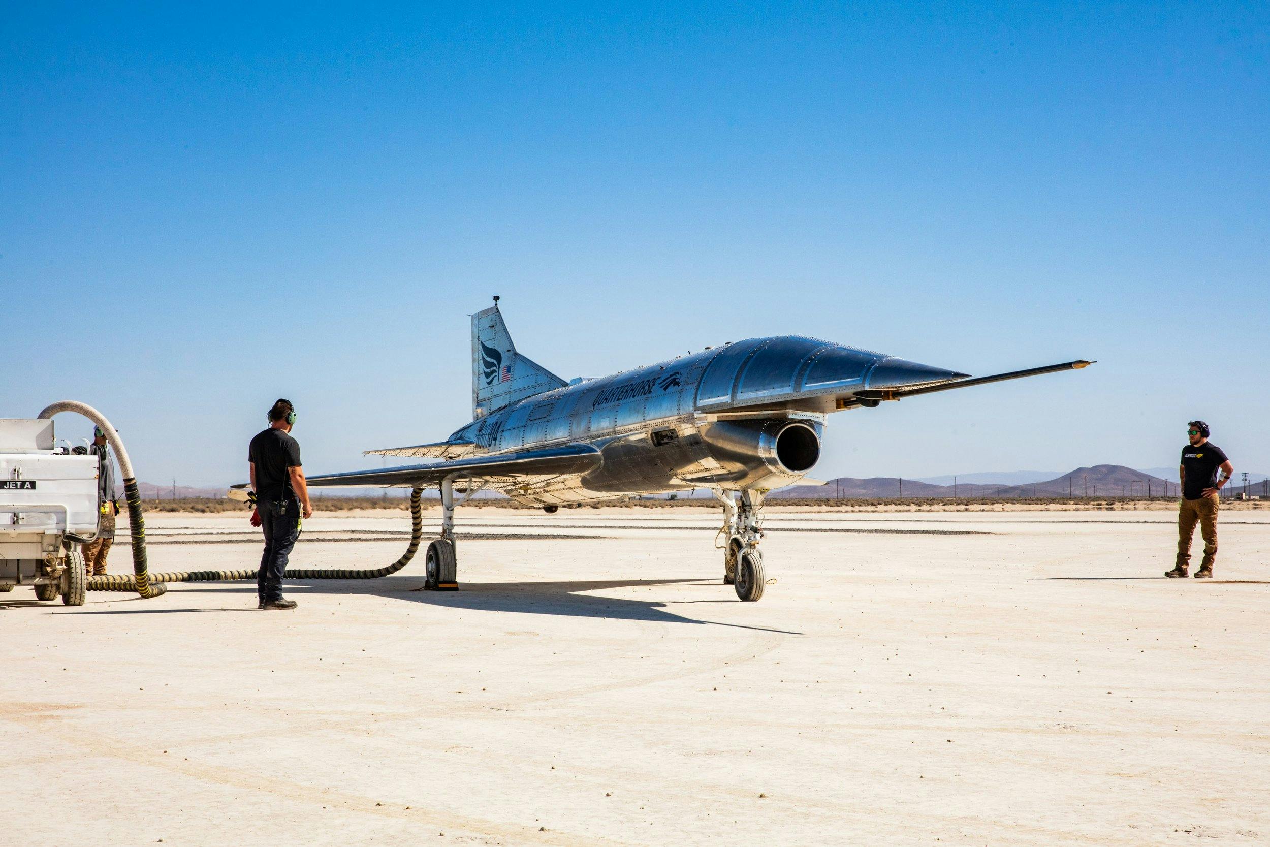 A photo of the prototype aircraft on the tarmac at Edwards Air Force Base