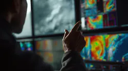 A meteorologist examines colorful weather radar maps on high-resolution monitors.