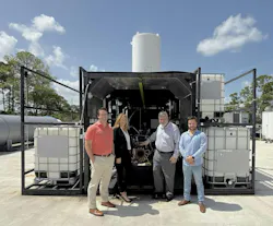 At their Cocoa Beach, Fla., facility, Vaya Space lead propulsion engineer Kineo Wallace and COO Rob Fabian share their hot fire test pad with Brice Cooper, VP of defense, and Michelle Sidwell, CRO of Velo3D. Together, they reviewed the performance of Vaya’s hybrid rocket engines. At their Cocoa Beach, Fla., facility, Vaya Space lead propulsion engineer Kineo Wallace and COO Rob Fabian share their hot fire test pad with Brice Cooper, VP of defense, and Michelle Sidwell, CRO of Velo3D. Together, they reviewed the performance of Vaya’s hybrid rocket engines.