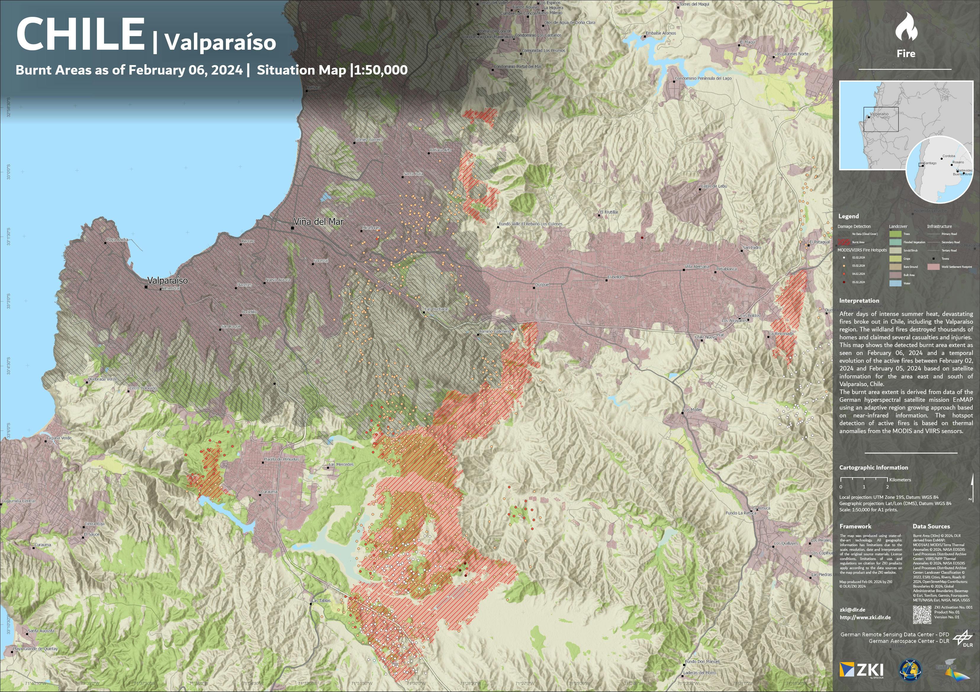 This map shows the large wildfire that occurred in February 2024 in the vicinity of Valpara&iacute;so in Chile. For the analysis, DLR's Earth Observation Center used data from the German environmental satellite EnMAP along with the method now licensed to OroraTech. Credit: DLR (CC BY-NC-ND 3.0)