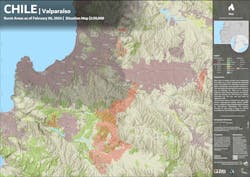 This map shows the large wildfire that occurred in February 2024 in the vicinity of Valparaíso in Chile. For the analysis, DLR's Earth Observation Center used data from the German environmental satellite EnMAP along with the method now licensed to OroraTech. Credit: DLR (CC BY-NC-ND 3.0) This map shows the large wildfire that occurred in February 2024 in the vicinity of Valparaíso in Chile. For the analysis, DLR's Earth Observation Center used data from the German environmental satellite EnMAP along with the method now licensed to OroraTech. Credit: DLR (CC BY-NC-ND 3.0)
