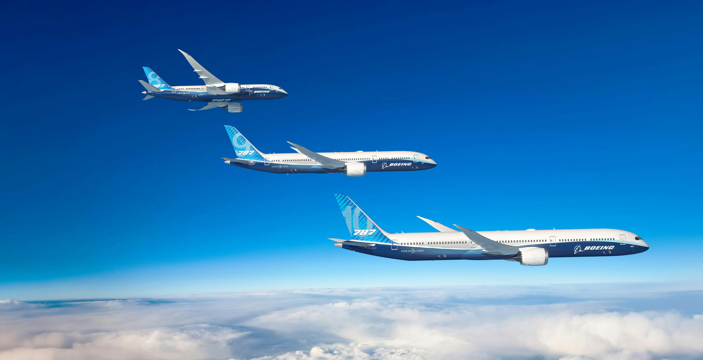 Boeing's Dreamliner models flying over clouds