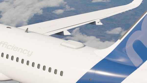 A rendering of the satcom terminal on the fuselage of a commercial aircraft flying