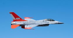 A QF-16 uncrewed aerial target departs following a test of a Bak-12 aircraft arresting system at MacDill Air Force Base, Fla. A QF-16 uncrewed aerial target departs following a test of a Bak-12 aircraft arresting system at MacDill Air Force Base, Fla.