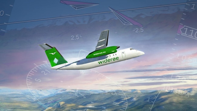 Rendering of a Widerøe Dash 8 aircraft flying over a landscape