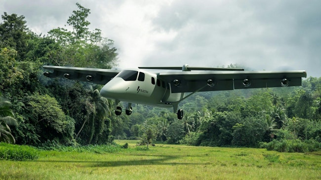 A rendering of Electra's uSTOL aircraft landing in a jungle clearing.