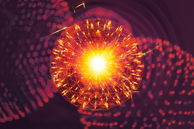 Nucleus of an atom molecule structure with radiation light nano physics science illustration model concept.