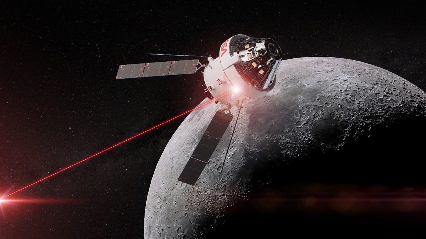 A satellite above the moon using a laser