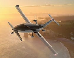 A rendering of the VoltAero Cassio 330 flying over a shoreline A rendering of the VoltAero Cassio 330 flying over a shoreline