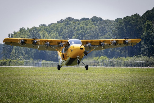 Electra’s EL2 hybrid-electric ultra-short takeoff and landing (Ultra-STOL) prototype aircraft takes off from a grass field during a 2024 demo flight at Felker Army Airfield at Joint Base Langley-Eustis, Va. Electra.aero photo.