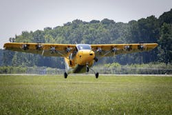 Electra’s EL2 hybrid-electric ultra-short takeoff and landing (Ultra-STOL) prototype aircraft takes off from a grass field during a 2024 demo flight at Felker Army Airfield at Joint Base Langley-Eustis, Va. Electra.aero photo. Electra’s EL2 hybrid-electric ultra-short takeoff and landing (Ultra-STOL) prototype aircraft takes off from a grass field during a 2024 demo flight at Felker Army Airfield at Joint Base Langley-Eustis, Va. Electra.aero photo.