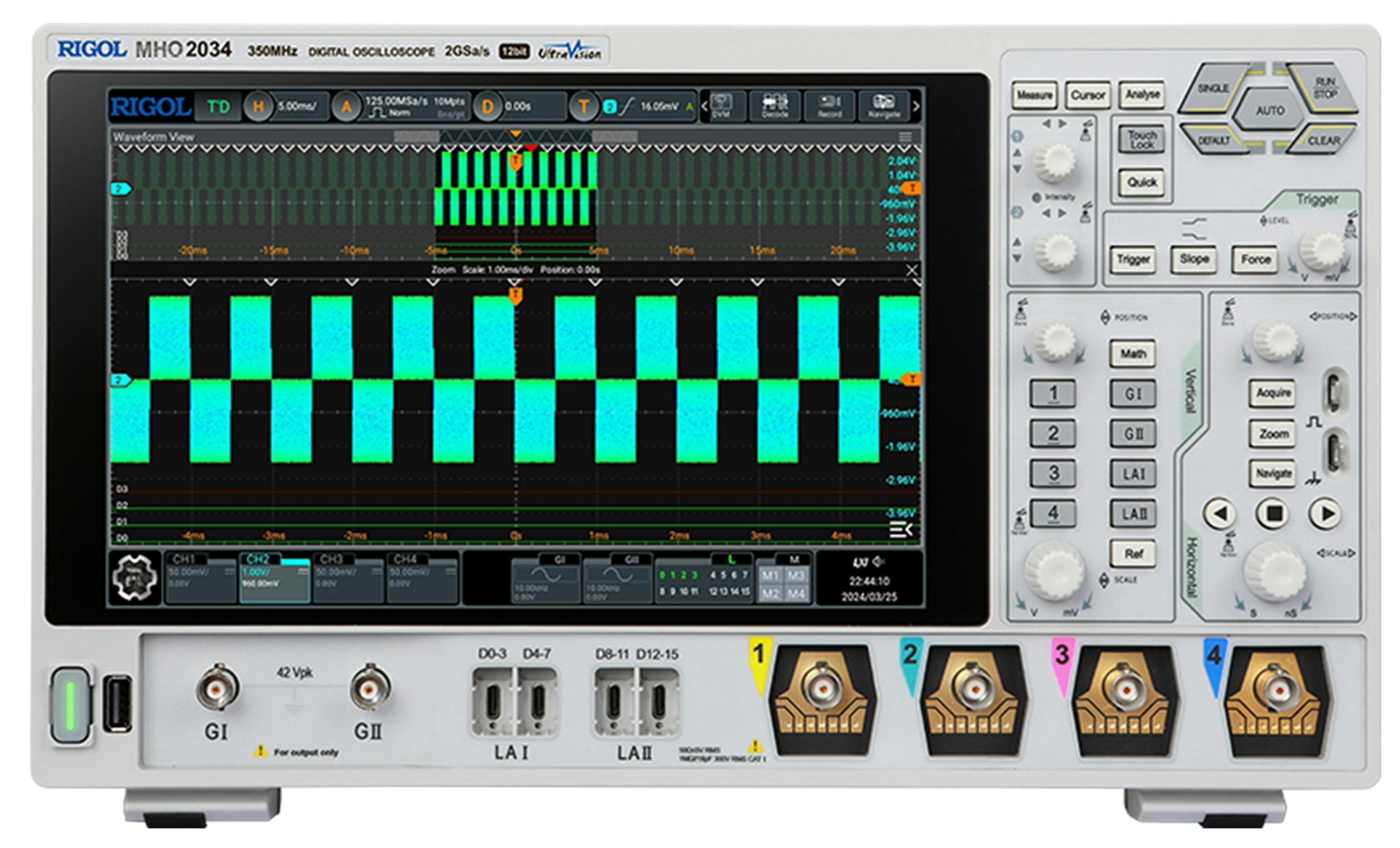 The Rigol MHO2000 series of oscilloscopes from Saelig offers 12-to-16-bit resolution, bandwidths to 350 MHz, four analog channels, and 16 digital channels for debugging with an optional probe.