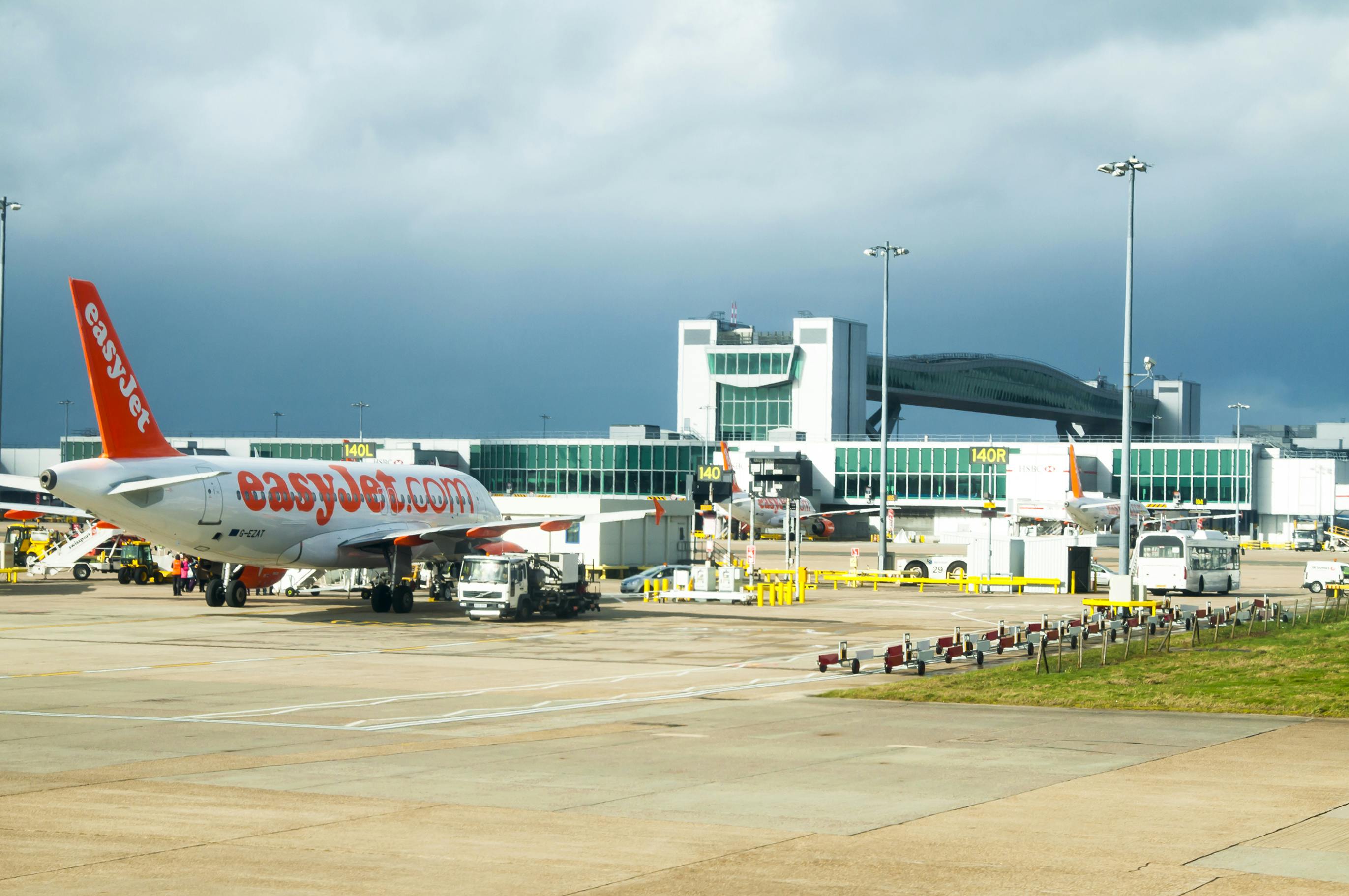 An EasyJet aircraft at the gate at Gatwick Airport in the UK