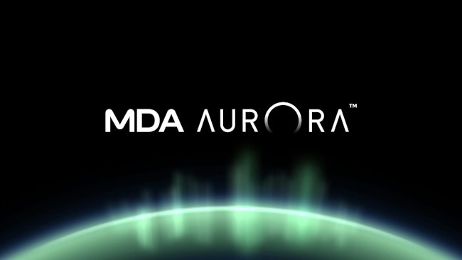 A rendered aurora borealis with the MDA Aurora logo above it