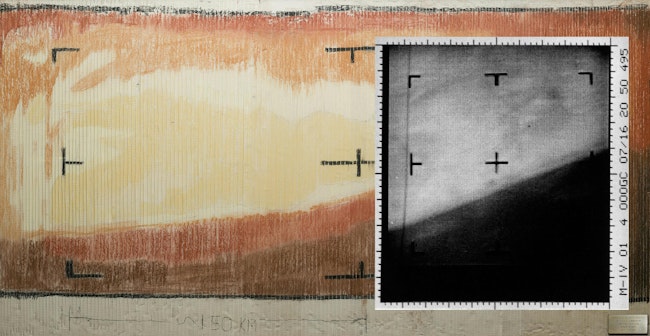 NASA’s Mariner 4 captured the first-ever close-up image of Mars on July 14, 1965. While waiting for the data to be processed into the image (inset at right), team members hand-colored strips of paper that the data was printed on, assigning hues to value ranges. The result is on display at JPL. NASA/JPL photo.