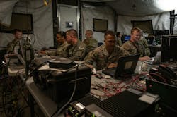 Airmen assigned to the 612th Air Operations Center and 612th Air Communications Squadron conduct command and control operations during a mock deployment exercise at Nellis Air Force Base, Nev. Airmen assigned to the 612th Air Operations Center and 612th Air Communications Squadron conduct command and control operations during a mock deployment exercise at Nellis Air Force Base, Nev.