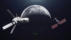 The Orion spacecraft delivers the crew and science airlock to the Gateway Space Station on the Artemis VI mission. The Orion spacecraft delivers the crew and science airlock to the Gateway Space Station on the Artemis VI mission.