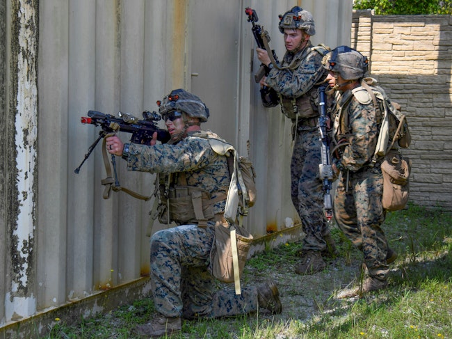 U.S. Marine wear the Force-on-Force-Next Training Systems man-worn detection system during a 2020 prototype training demonstration at Camp Lejeune, N.C.