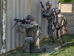 U.S. Marine wear the Force-on-Force-Next Training Systems man-worn detection system during a 2020 prototype training demonstration at Camp Lejeune, N.C. U.S. Marine wear the Force-on-Force-Next Training Systems man-worn detection system during a 2020 prototype training demonstration at Camp Lejeune, N.C.