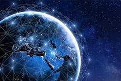 A digital network graphic rendered over the earth A digital network graphic rendered over the earth