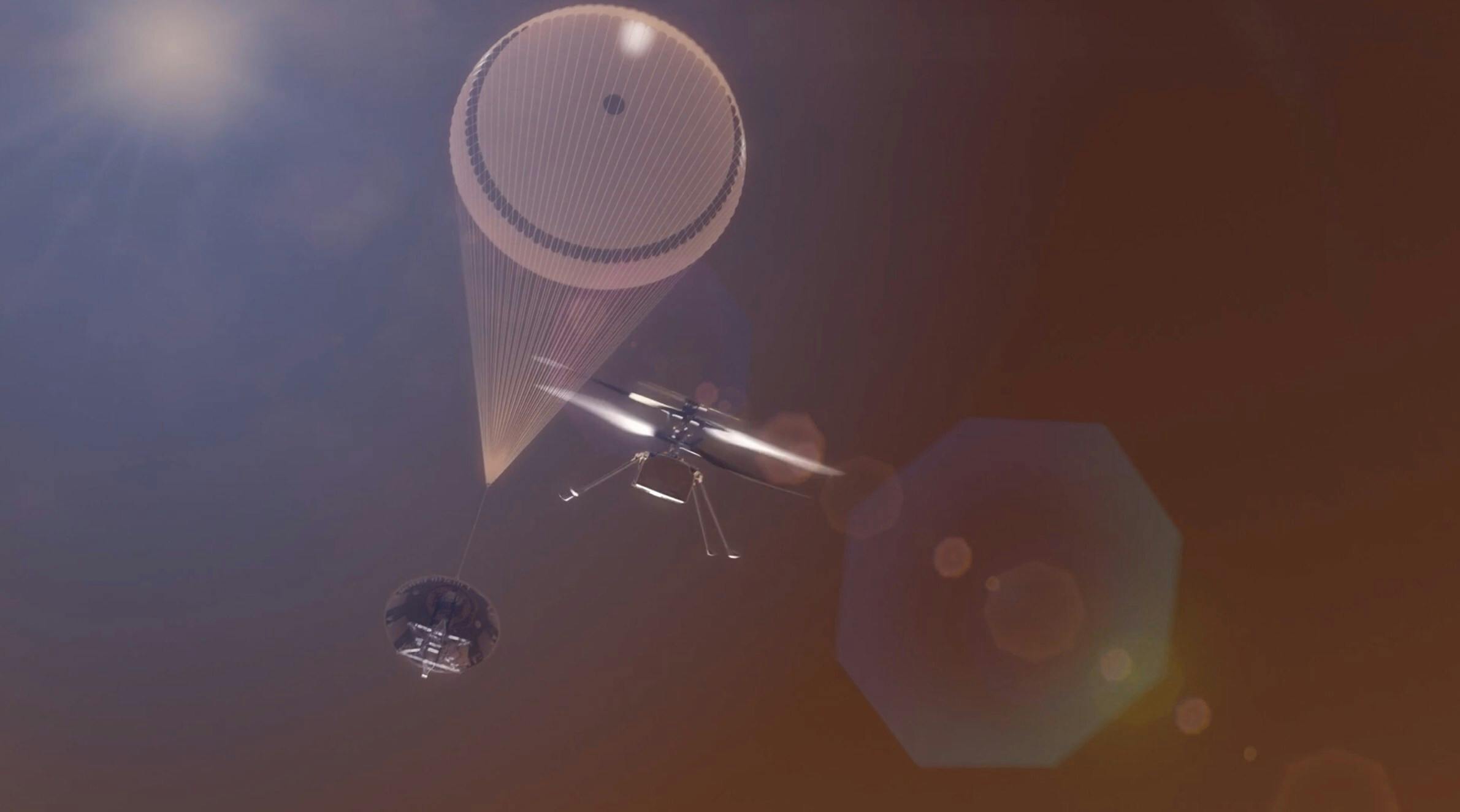 A rendering from under the autonomous UAV watching it land on Mars.