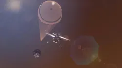 A rendering from under the autonomous UAV watching it land on Mars. A rendering from under the autonomous UAV watching it land on Mars.