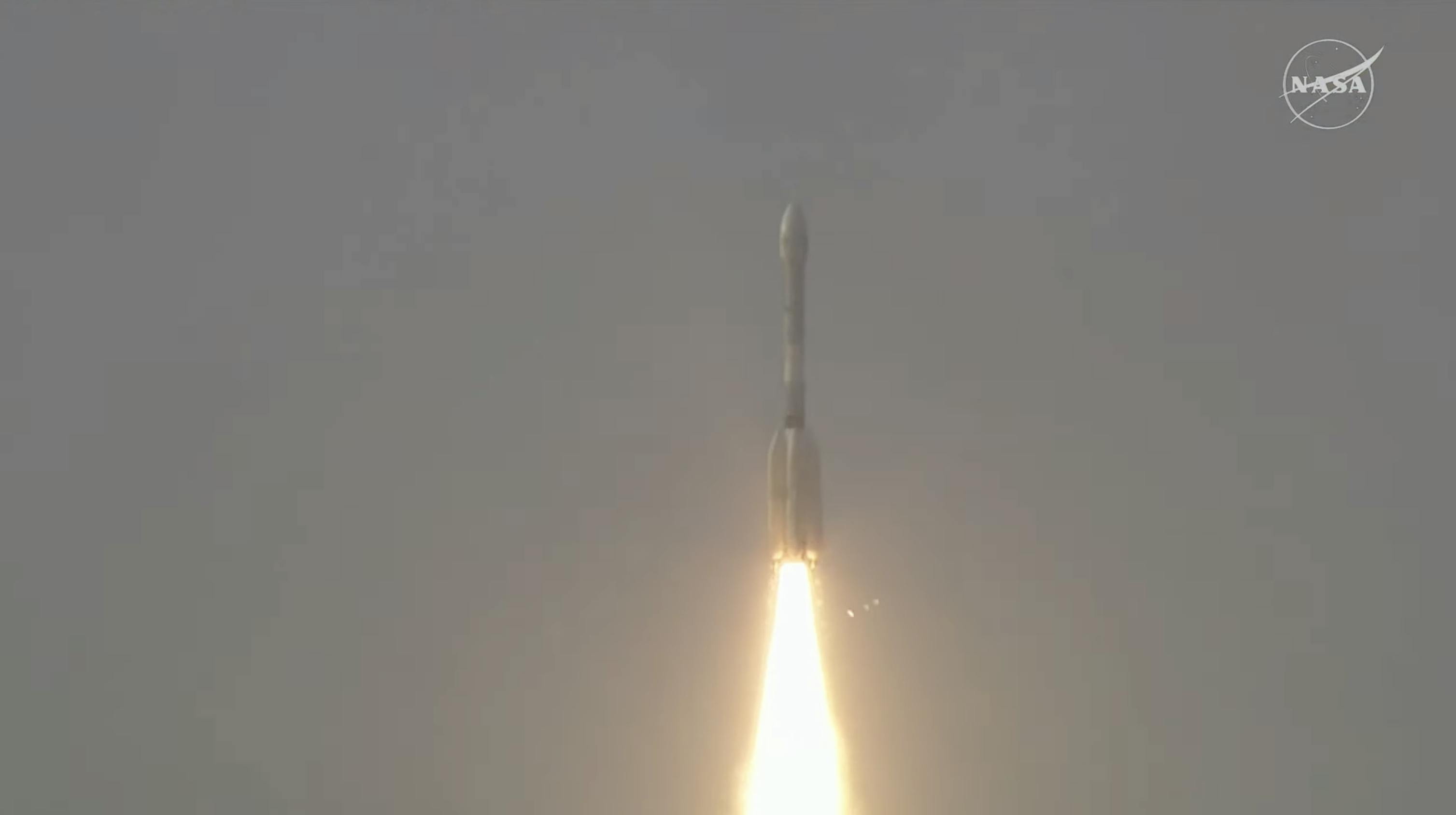 A shot of the ISRO rocket taking off.