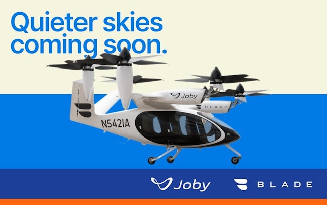 A rendering of Blade's eVTOl that reads 'Quieter Skies coming soon.'
