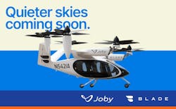 A rendering of Blade's eVTOl that reads 'Quieter Skies coming soon.' A rendering of Blade's eVTOl that reads 'Quieter Skies coming soon.'