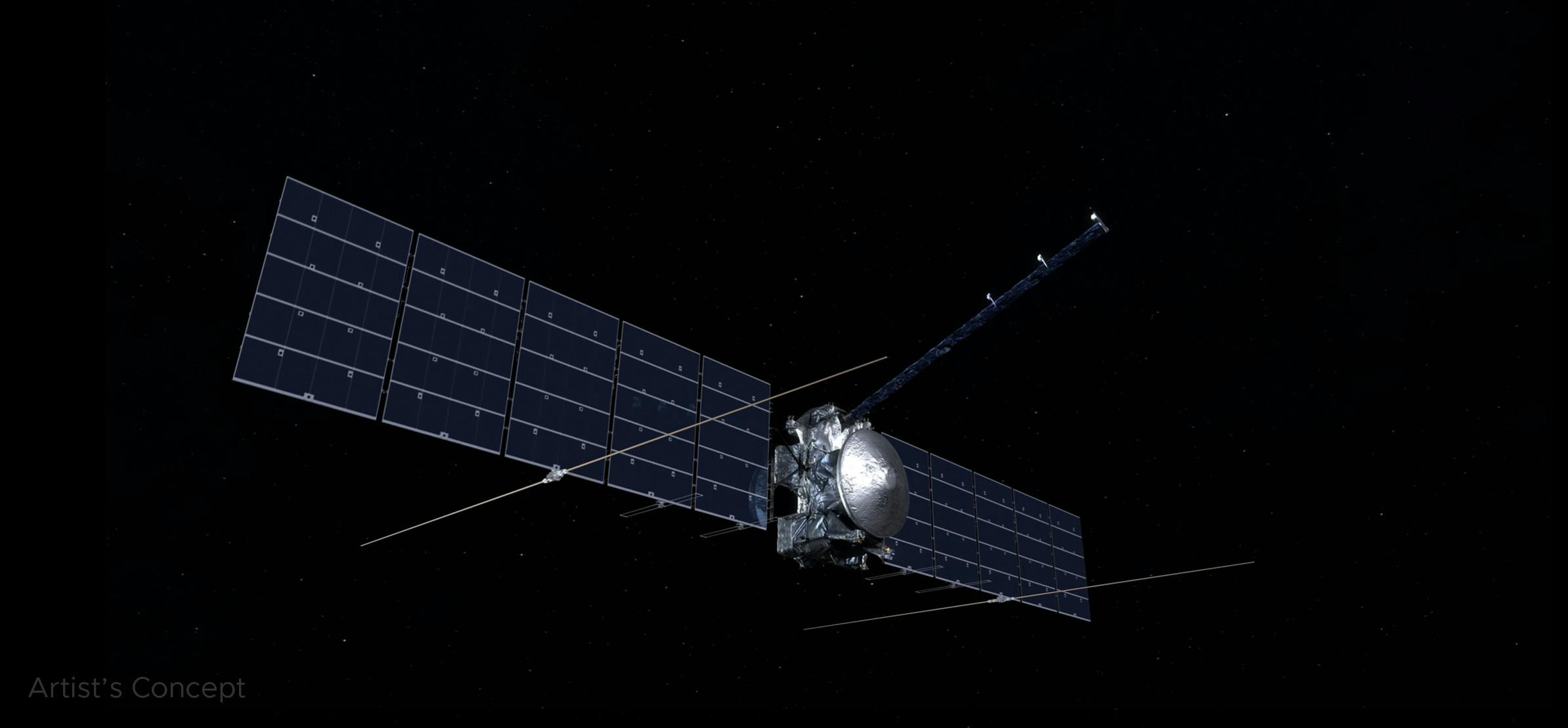 In this artist&rsquo;s concept, Europa Clipper&rsquo;s radar antennas &mdash; seen at the lower edge of the solar panels &mdash; are fully deployed. The antennas are key components of the spacecraft&rsquo;s radar instrument, called REASON. NASA/JPL-Caltech image.