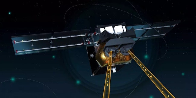A rendering of a satellite in space with data transmission being implied