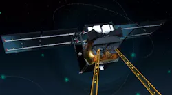 A rendering of a satellite in space with data transmission being implied