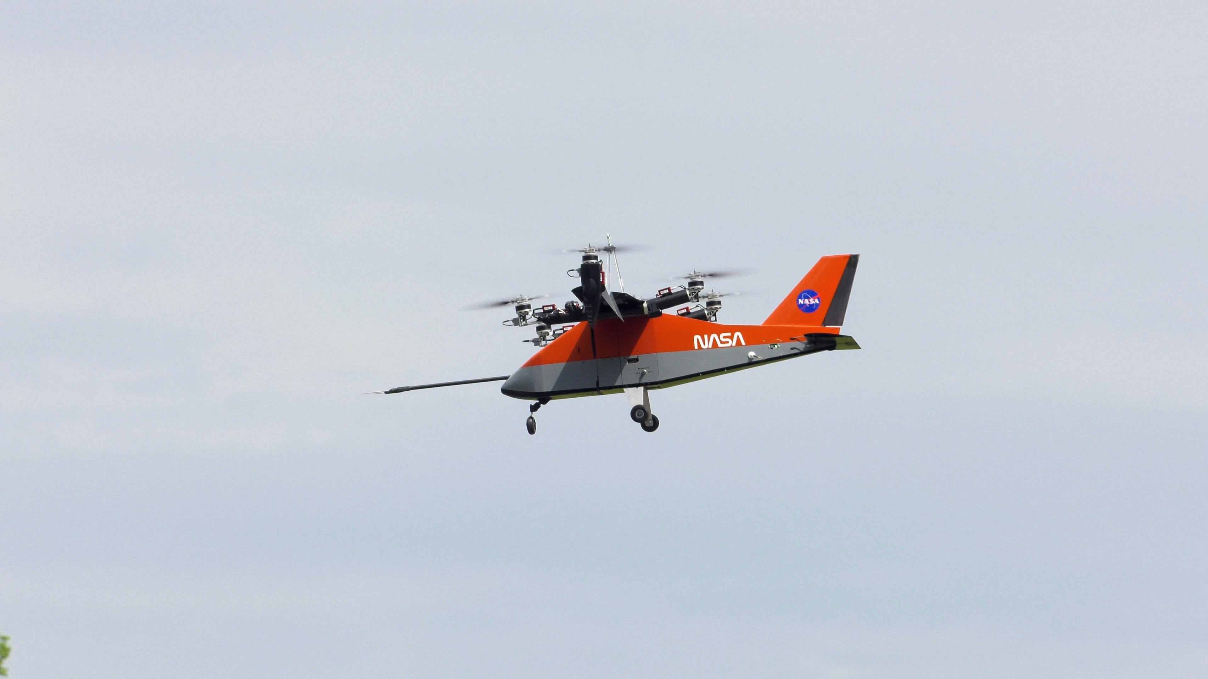 The Research Aircraft for electric Vertical takeoff and landing Enabling techNologies Subscale Wind Tunnel and Flight Test undergoes a free flight test on the City Environment Range Testing for Autonomous Integrated Navigation range at NASA&rsquo;s Langley Research Center in Hampton, Virginia on April 22, 2025. NASA/Rob Lorkiewicz photo.