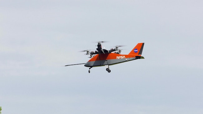 The Research Aircraft for electric Vertical takeoff and landing Enabling techNologies Subscale Wind Tunnel and Flight Test undergoes a free flight test on the City Environment Range Testing for Autonomous Integrated Navigation range at NASA’s Langley Research Center in Hampton, Virginia on April 22, 2025. NASA/Rob Lorkiewicz photo.