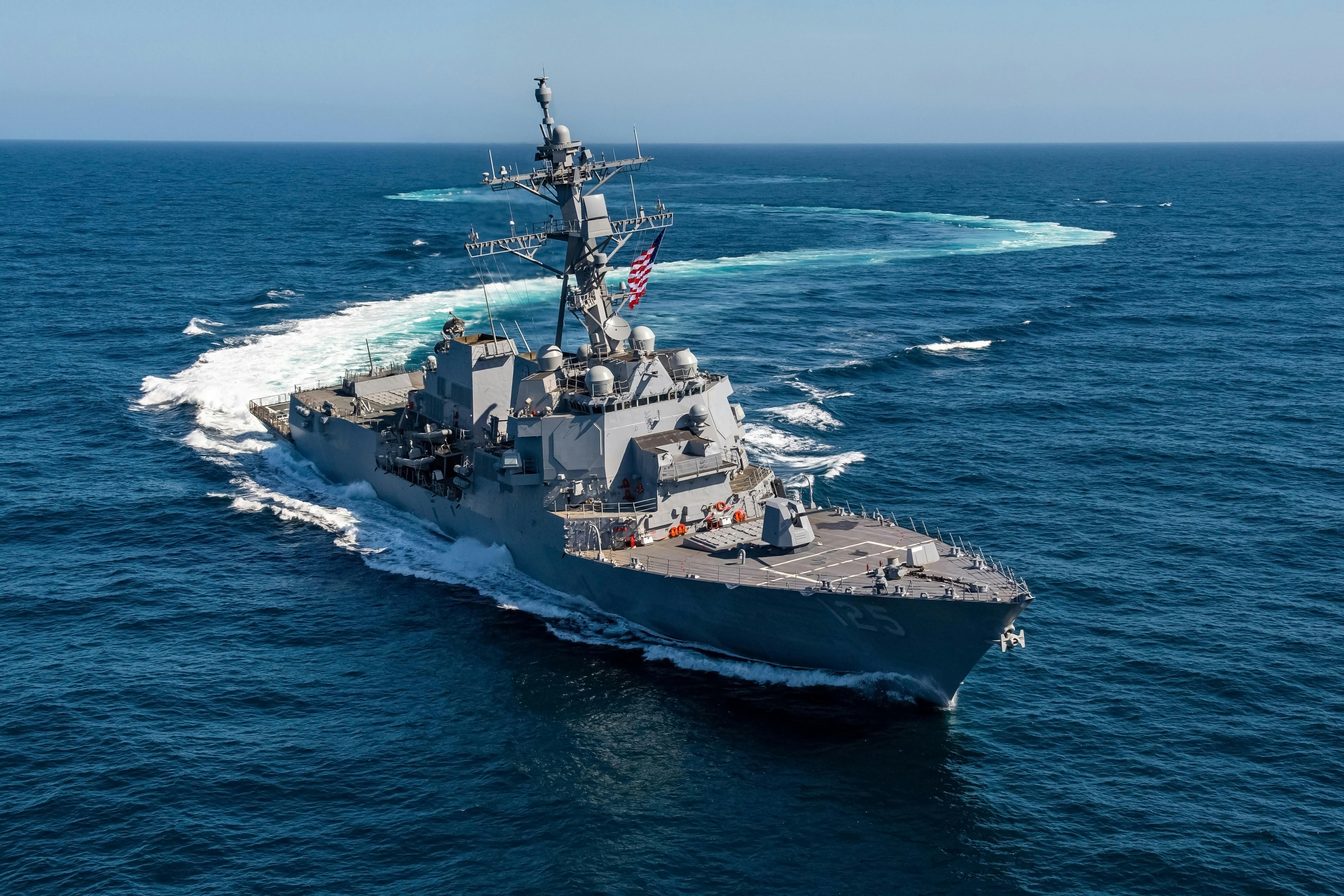 The Burke-class Flight III destroyer USS Jack H. Lucas (DDG 125) during its acceptance trials in May 2023. DDG 125 is the first Burke-class destroyer built in the Flight III configuration.