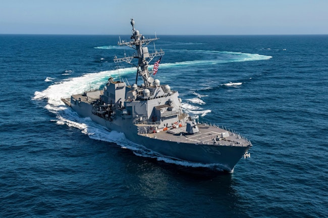 The Burke-class Flight III destroyer USS Jack H. Lucas (DDG 125) during its acceptance trials in May 2023. DDG 125 is the first Burke-class destroyer built in the Flight III configuration.