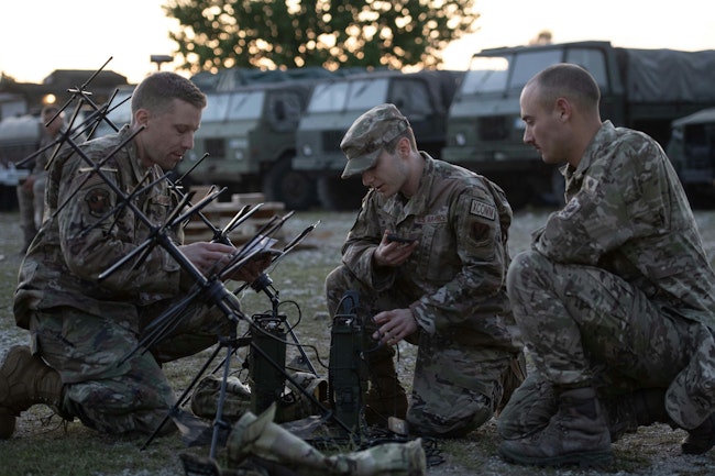 Maine Air National Guard airmen deploy the MUOS antennae to establish radio communications via satellite link in Montenegro in May 2023.