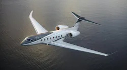 An image of Gulfstream's G800 flying above water.