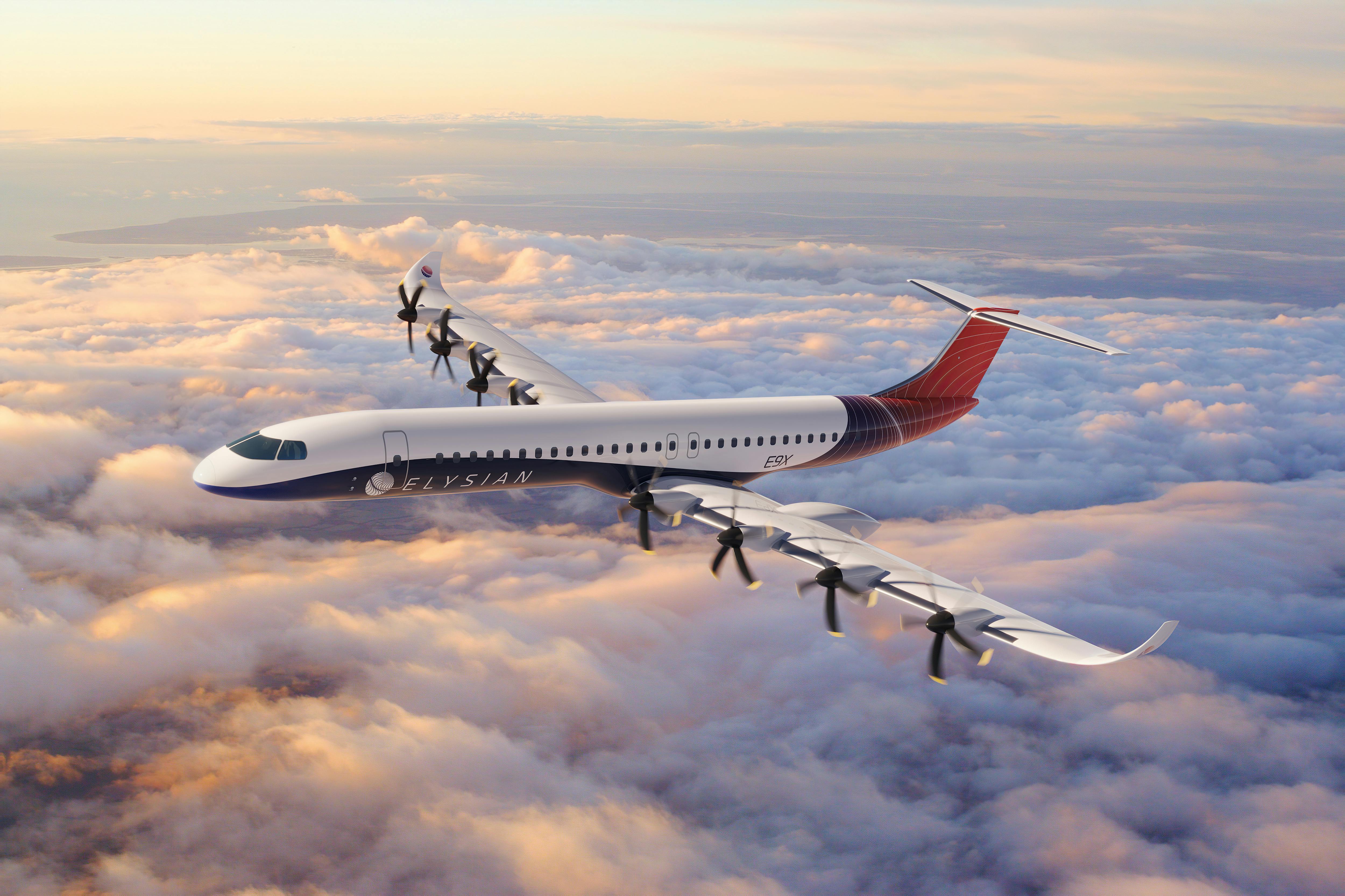 A rendering of the E9X aircraft flying above the clouds.