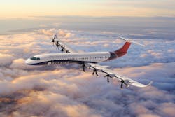 A rendering of the E9X aircraft flying above the clouds. A rendering of the E9X aircraft flying above the clouds.