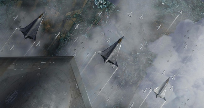 This artist's concept depicts the DARPA Artificial Intelligence Reinforcements (AIR) program to develop tactical autonomy for multi-ship beyond-visual-range air combat missions, and to enable crewed and uncrewed combat aerial vehicles to work together.