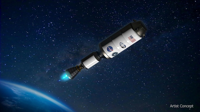 An artist's concept of a collaborative effort between NASA and DARPA to demonstrate a nuclear thermal rocket engine in space. NASA/DARPA image.