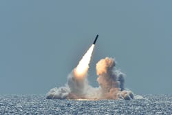 An unarmed Trident II D5 missile launches from the Ohio-class ballistic missile submarine USS Nebraska (SSBN 739) off the coast of California. An unarmed Trident II D5 missile launches from the Ohio-class ballistic missile submarine USS Nebraska (SSBN 739) off the coast of California.