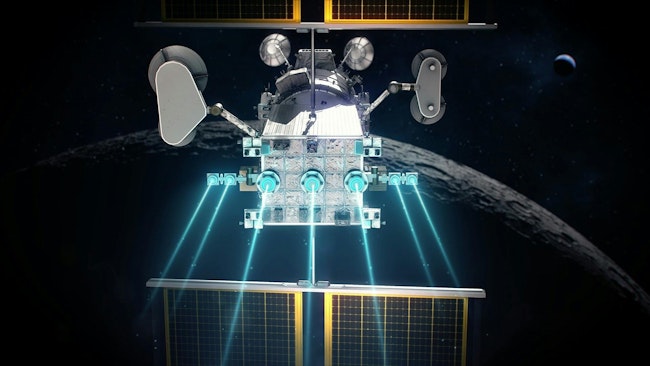 Concept art of Maxar Space Systems’ Power and Propulsion Element will utilize Busek BHT-6000 Hall effect thrusters. NASA image.