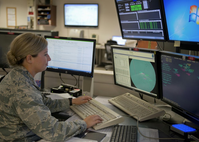 A space surveillance expert from the 20th Space Control Squadron, tracks objects within her radar’s field of view during India's Polar Satellite Launch Vehicle launch last February at Eglin Air Force Base, Fla.