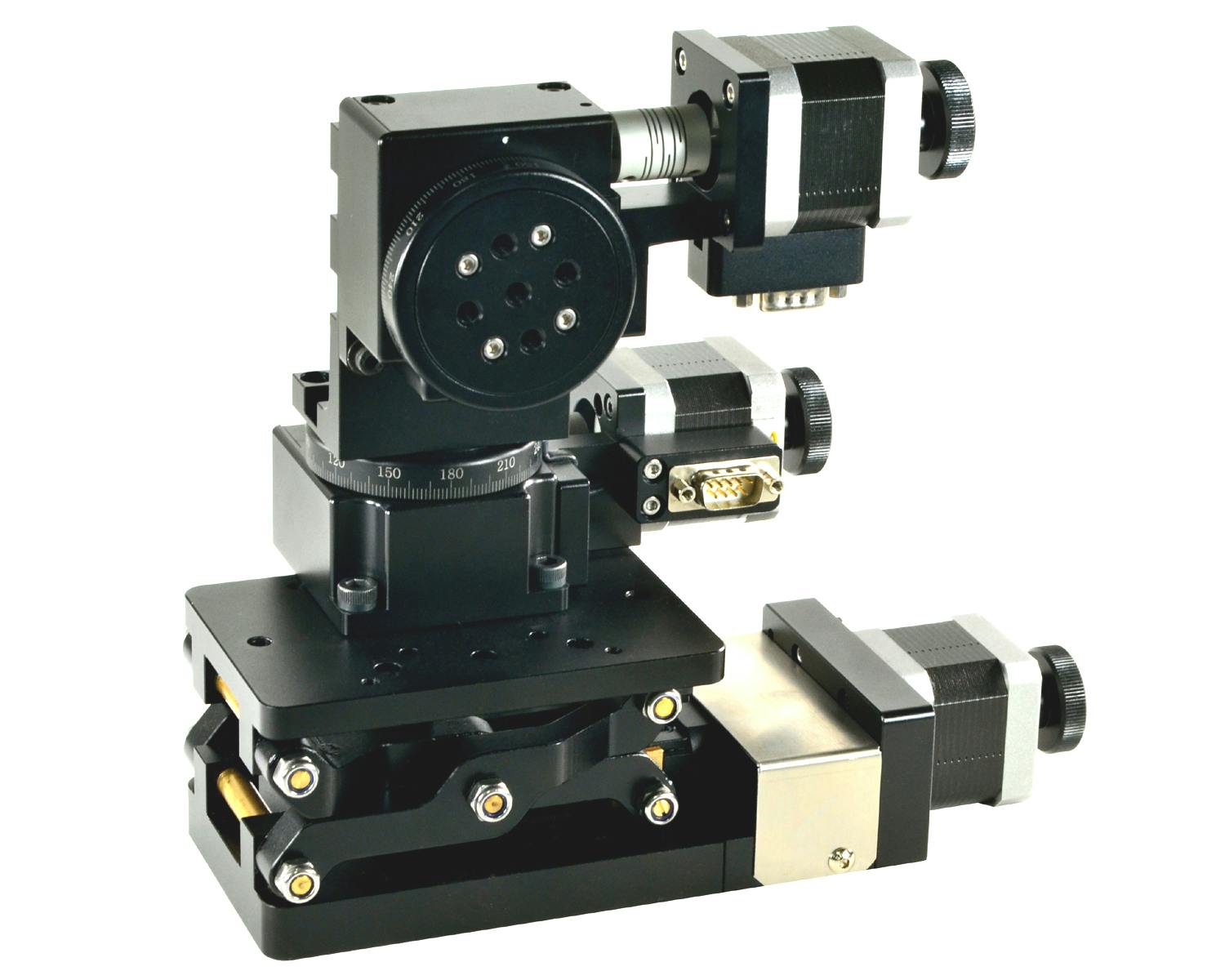 The OES LPT-60-60-60 series of lift, pan, and tilt motorized motion-control stages are for laser pointing, camera mount, mirror alignment, and range finding.
