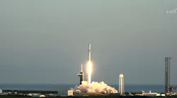 A SpaceX Falcon 9 rocket carrying NASA’s IMAP (Interstellar Mapping and Acceleration Probe), Carruthers Geocorona Observatory, and the National Oceanic and Atmospheric Administration’s (NOAA) Space Weather Follow On-Lagrange 1 (SWFO-L1) missions launches from the agency’s Kennedy Space Center in Florida on 25 Sept. 2025. NASA image.