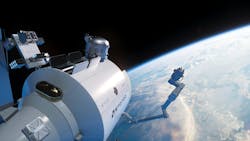 A rendering of the Starlab space station above earth. A rendering of the Starlab space station above earth.