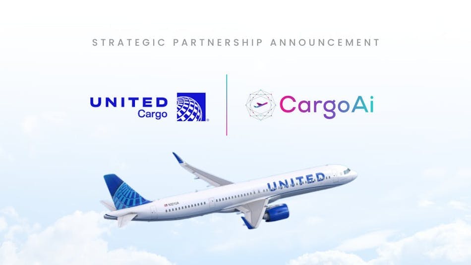 A rendering of a United aircraft flying below the logos of United and CargoAi
